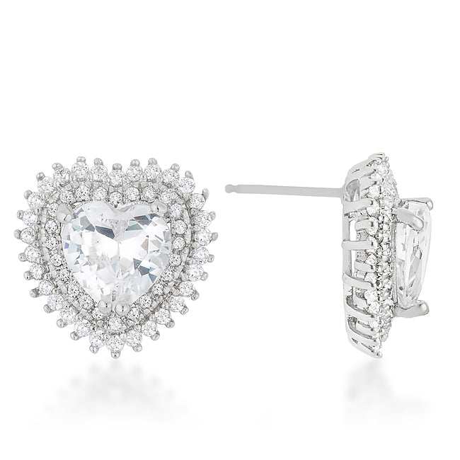 Silvertone Clear Cubic Zirconia Heart Halo Stud Earrings