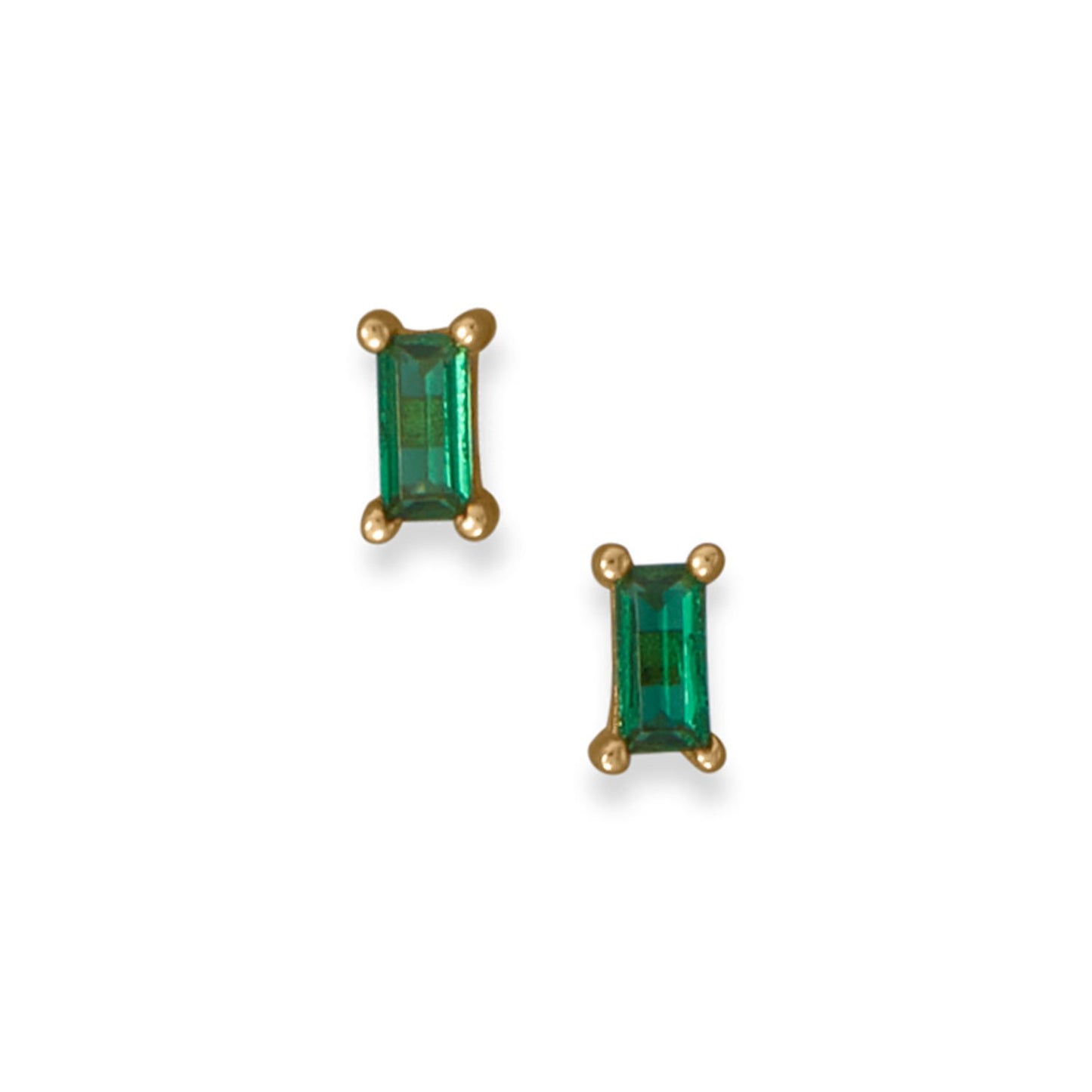 14k Gold Plated Sterling Silver Green Baguette Cubic Zirconia Stud Earrings