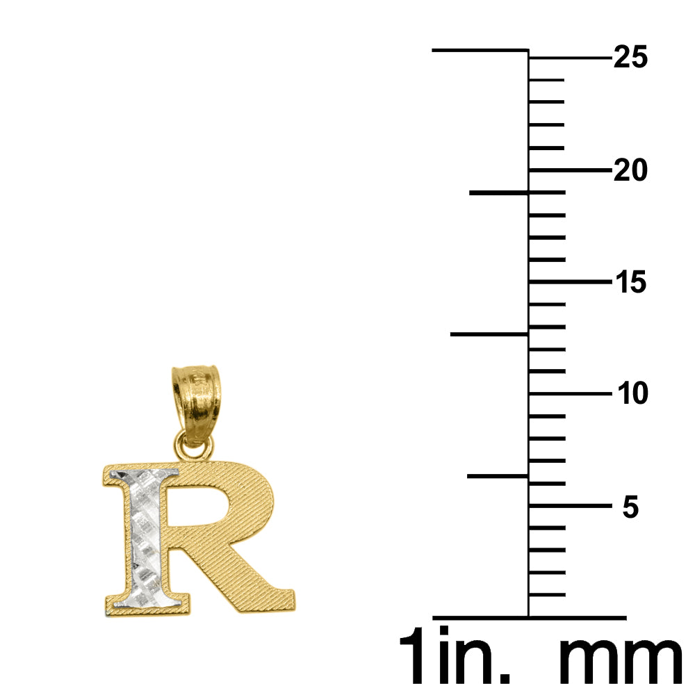 Genuine 14k Two-tone Gold 0.59" Diamond-cut Initial Block Letter 'R' Pendant For Men or Women - Gold Block Letter Charm