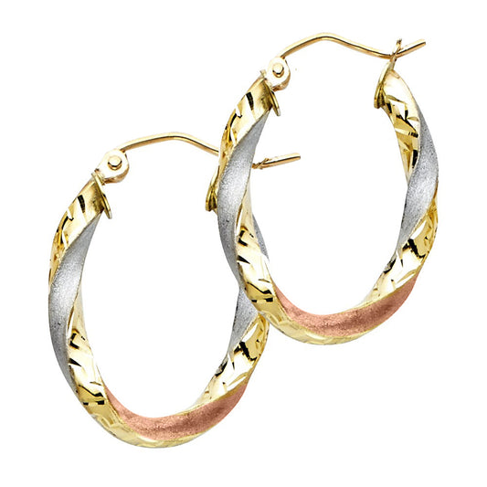 Genuine 14k Tri-tone Gold 3mm Wide Hollow Curled Oval Hoop Earrings for Women