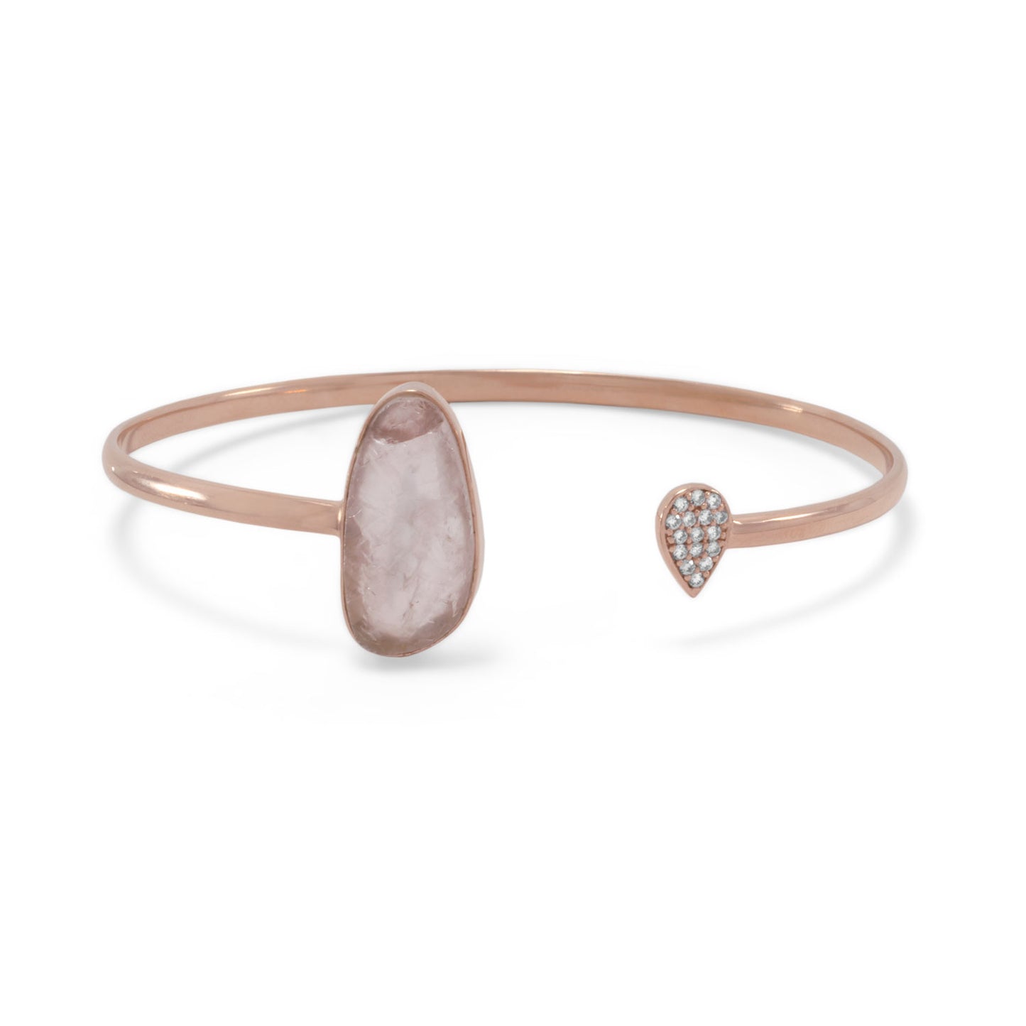 14k Rose Gold Plated Sterling Silver Cubic Zirconia and Rose Quartz Open Cuff Bracelet