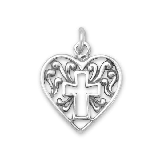 Authentic 925 Sterling Silver Heart Women's Charm for Bracelet or Necklace with Cross Outline