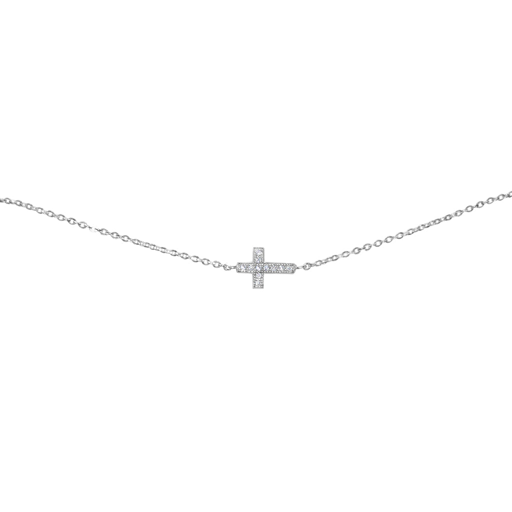 Genuine 14k White Gold Cubic Zirconia CZ Sideways Cross 7"+1" Women's Bracelet