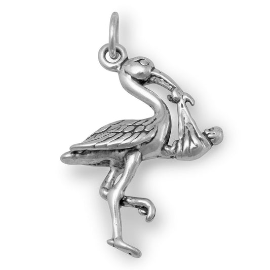 Authentic 925 Sterling Silver Stork with Baby Women's Charm for Bracelet or Necklace