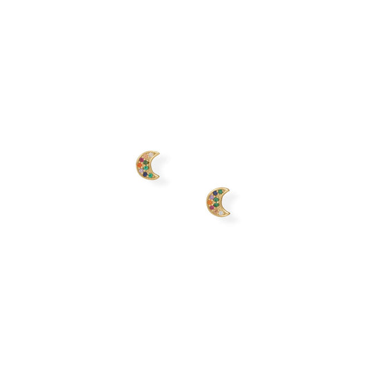 14k Yellow Gold Plated Sterling Silver Multicolor Cubic Zirconia Crescent Moon Stud Earrings