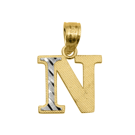 Genuine 14k Two-tone Gold 0.59" Diamond-cut Initial Block Letter 'N' Pendant For Men or Women - Gold Block Letter Charm