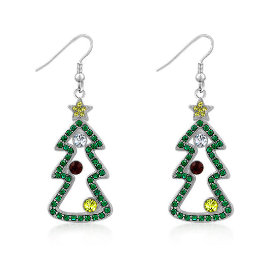 Silvertone Multicolor Cubic Zirconia Christmas Tree Earrings