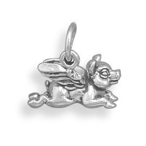 Sterling Silver Oxidized Flying Pig Charm