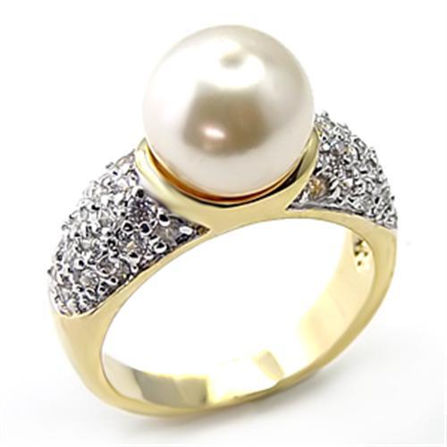 Gold+Rhodium 925 Sterling Silver Ring with Synthetic Pearl in White