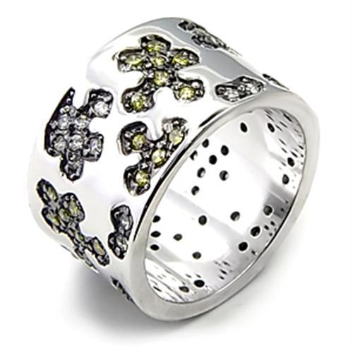 Rhodium + Ruthenium 925 Sterling Silver Ring with AAA Grade CZ  in Olivine color