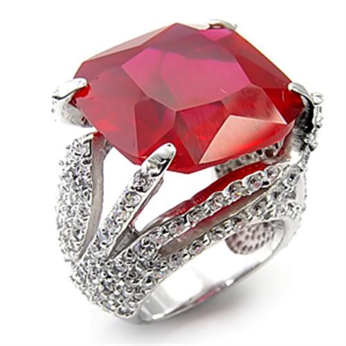 Rhodium 925 Sterling Silver Ring with Synthetic Garnet in Ruby