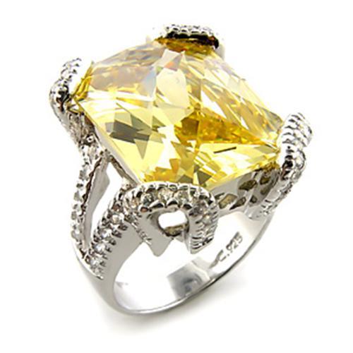 Rhodium 925 Sterling Silver Ring with AAA Grade CZ  in Citrine Yellow