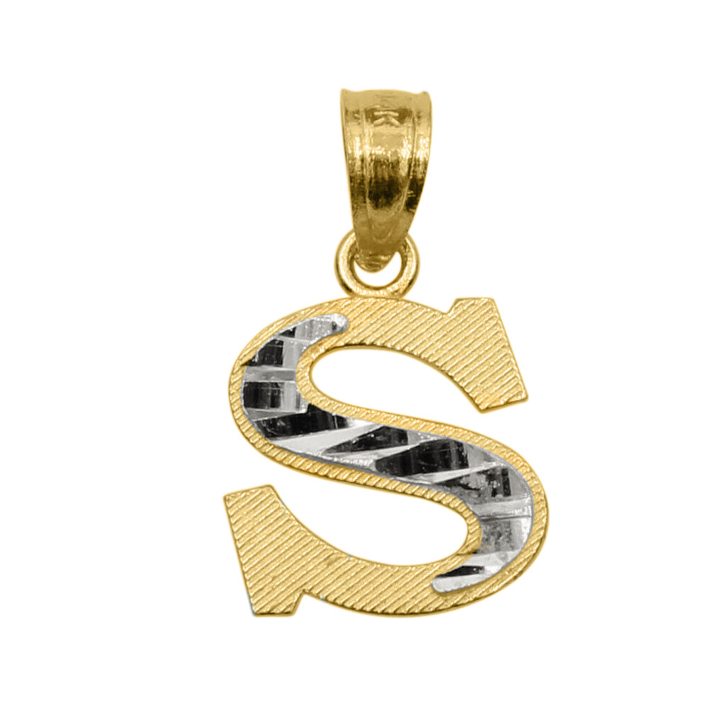 Genuine 14k Two-tone Gold 0.59" Diamond-cut Initial Block Letter 'S' Pendant For Men or Women - Gold Block Letter Charm