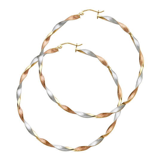 Genuine 14K Tri-tone Gold Large Twisted Hoop Earrings For Women - 55mm Diameter