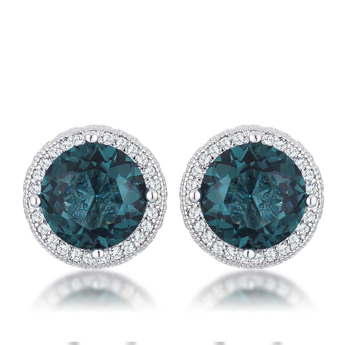 Silvertone Round Blue-Green Cubic Zirconia Halo Earrings Studs