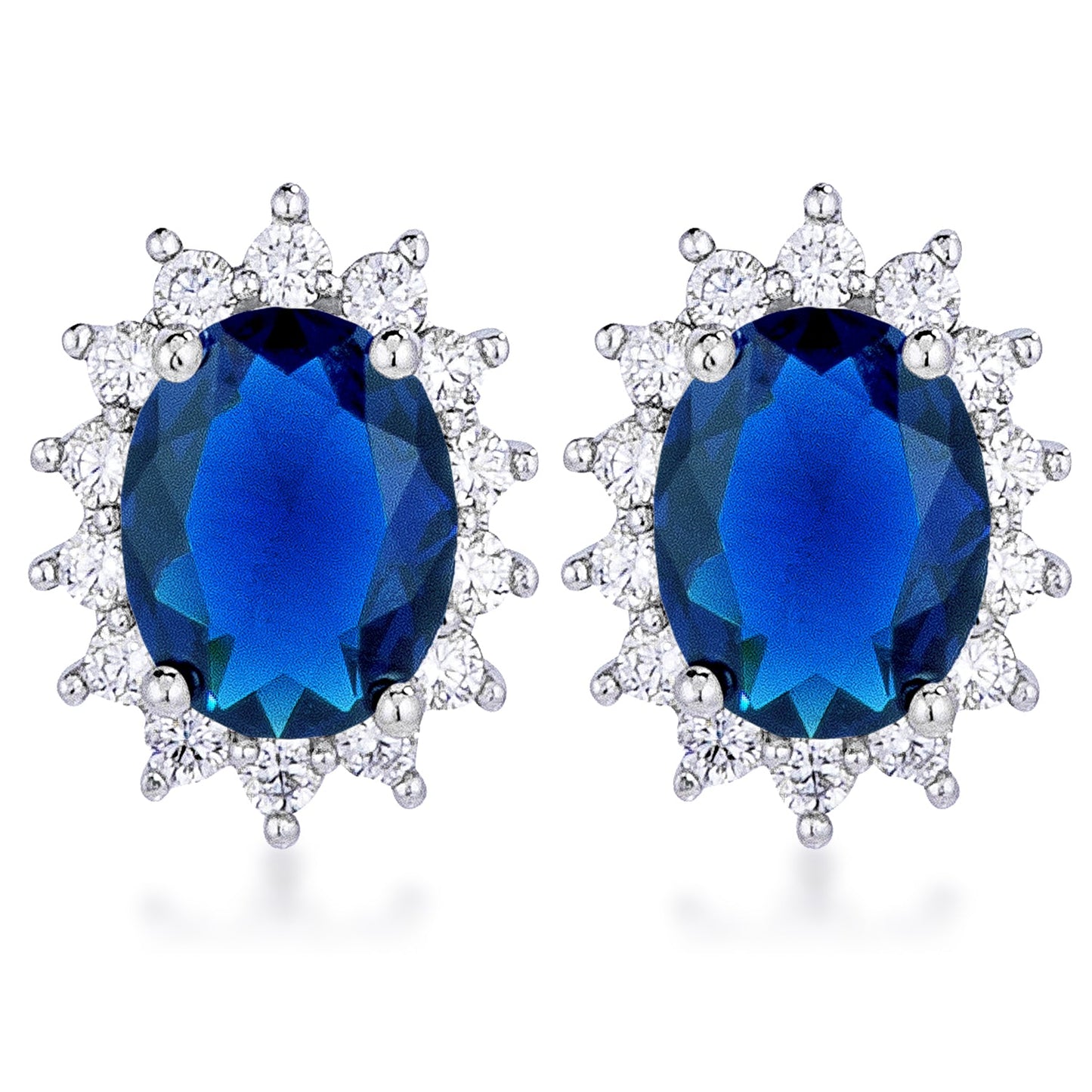 Silvertone Deep Blue Cubic Zirconia Oval Royal Earring Studs