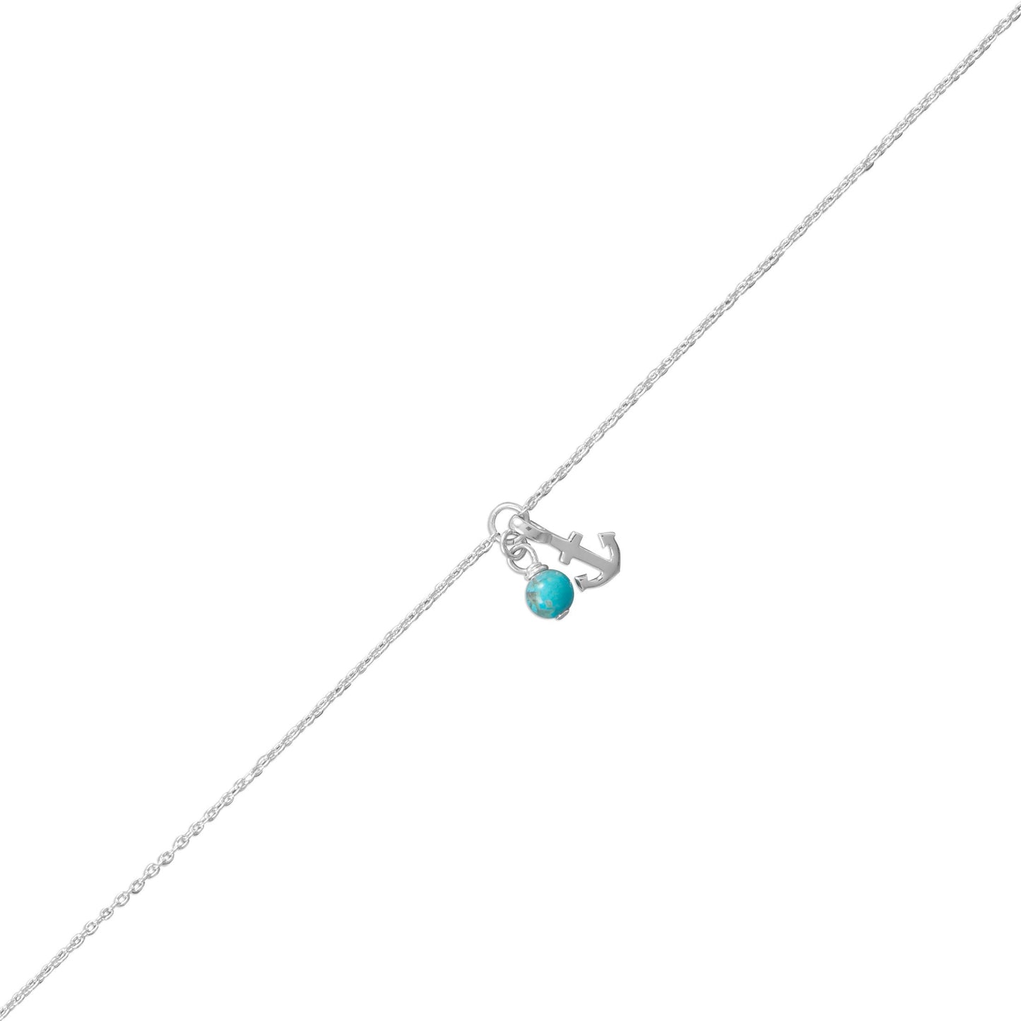 Authentic 925 Sterling Silver Women's Turquoise and Anchor Anklet 9.25 + 0.75" Ankle Bracelet Chain