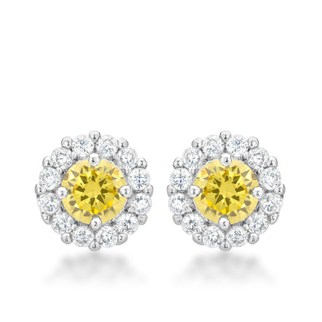 Silvertone Yellow Cubic Zirconia Halo Stud Earrings