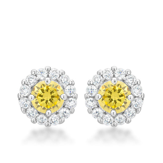 Silvertone Yellow Cubic Zirconia Halo Stud Earrings