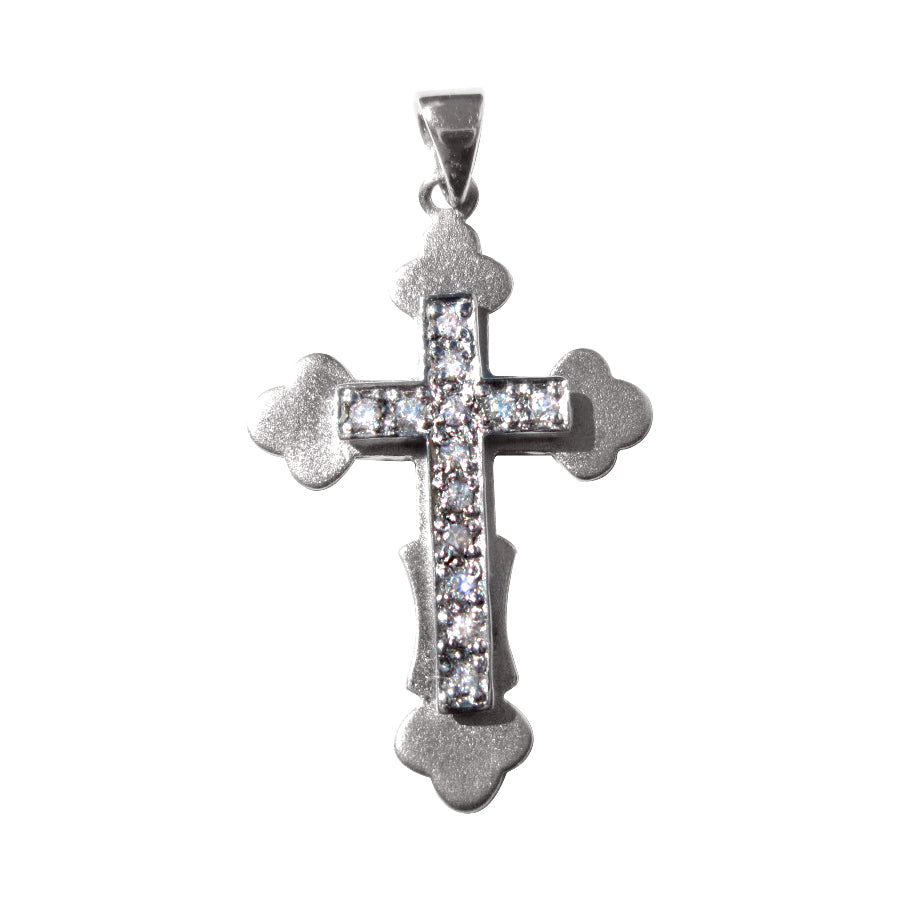 Sterling Silver Satin-Polished Cubic Zirconia Budded Cross Charm Pendant