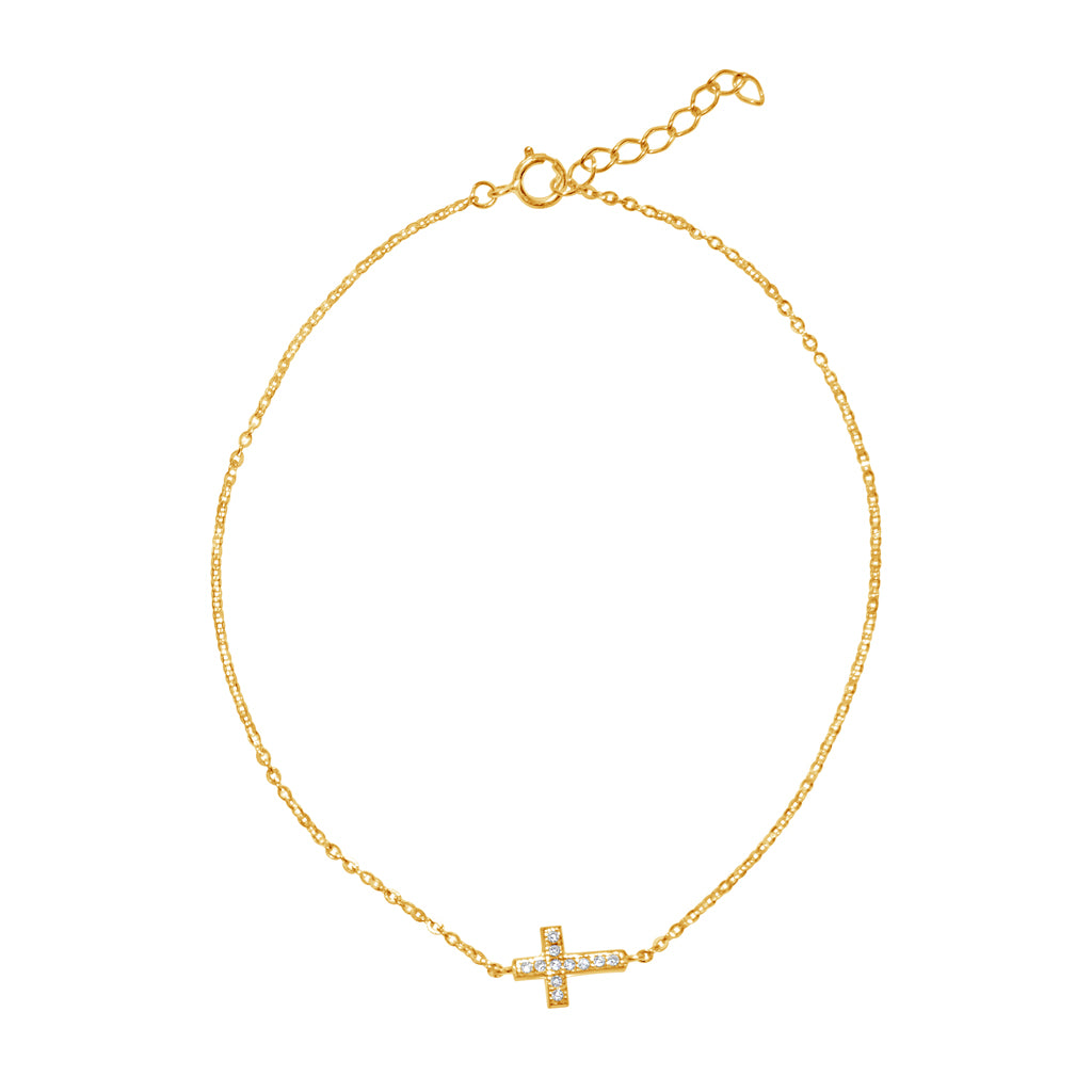 Genuine 14k Yellow Gold Cubic Zirconia CZ Sideways Cross 7"+1" Women's Bracelet