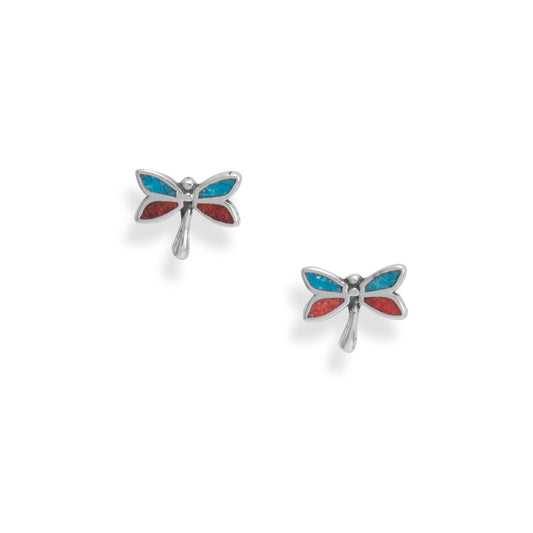 Sterling Silver Coral and Turquoise Chip Dragonfly Earrings