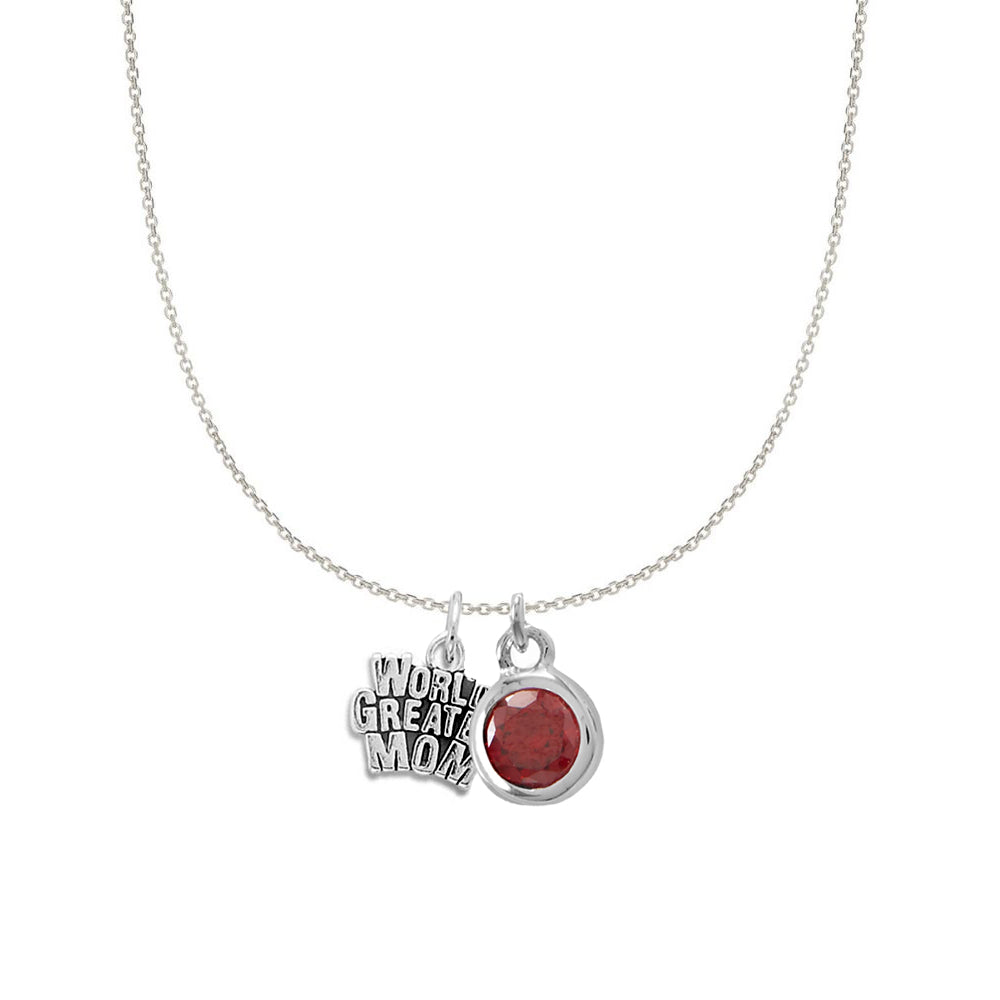 Sterling Silver World's Greatest Mom and January Birsthstone Charm Necklace