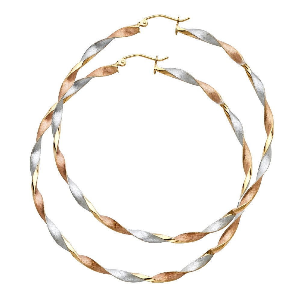 Genuine 14k Tri-tone Gold Extra Large Twisted Hoop Earrings For Women - 65mm Diameter