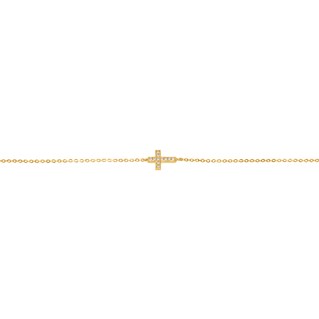 Genuine 14k Yellow Gold Cubic Zirconia CZ Sideways Cross 7"+1" Women's Bracelet