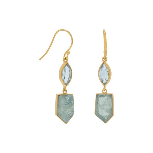 14k Yellow Gold Plated Sterling Silver Dangling Blue Topaz and Aquamarine Drop Earrings