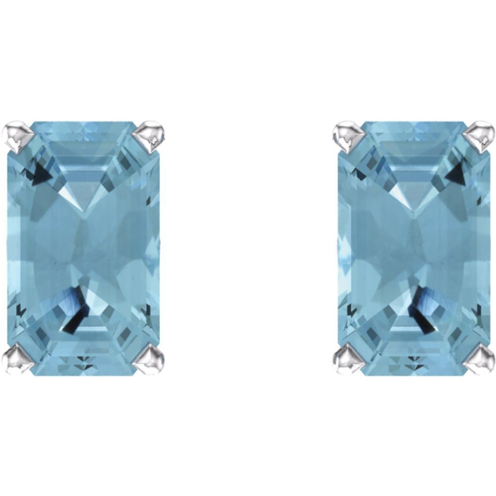 14k White Gold Natural Aquamarine Emerald-cut Stud Earrings