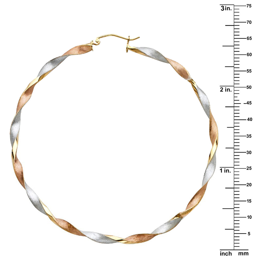 Genuine 14k Tri-tone Gold Extra Large Twisted Hoop Earrings For Women - 65mm Diameter