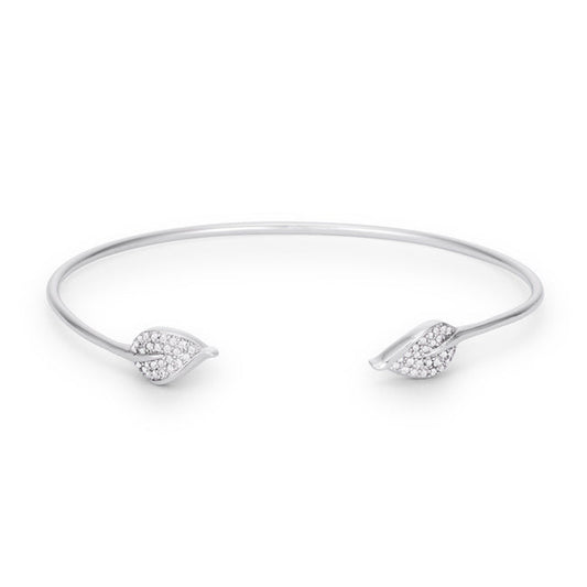 Silvertone Cuff Bracelet with Cubic Zirconia Leaf Accents