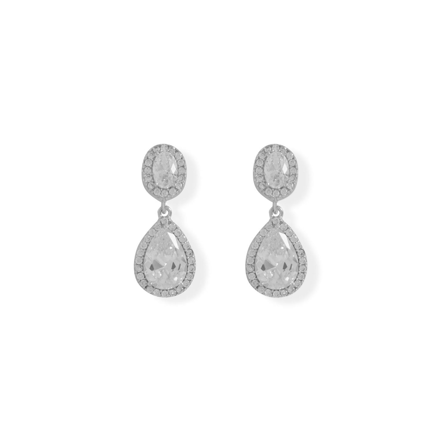 Rhodium Plated Sterling Silver Oval and Pear Cubic Zirconia Drop Earrings