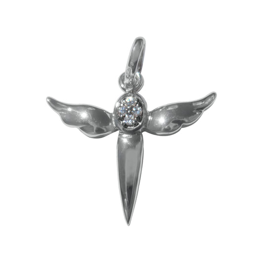 Sterling Silver Cubic Zirconia Winged Cross Pendant Charm