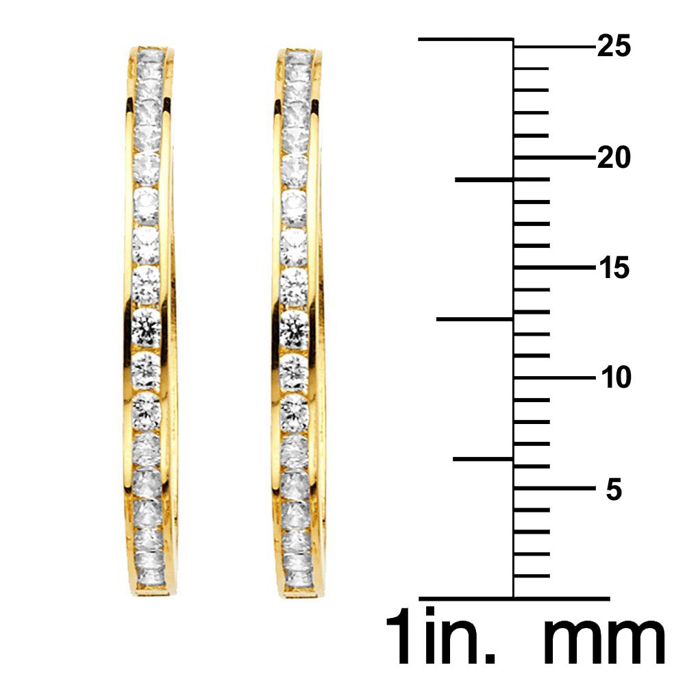 Genuine 14k Yellow Gold 2.6mm wide Cubic Zirconia CZ Hoop Earrings for Women - 25mm Diameter