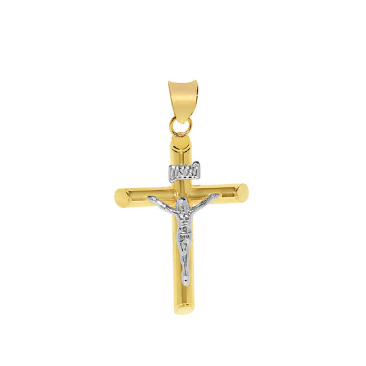 Genuine 14k Two-tone Gold 1.37" Hollow Tube Crucifix Pendant For Men or Women - Christian Jewelry, Religious Gifts