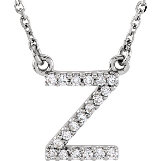 Genuine 14k White Gold .08ct Diamond 0.41" Letter Z Pendant 16" Initial Necklace