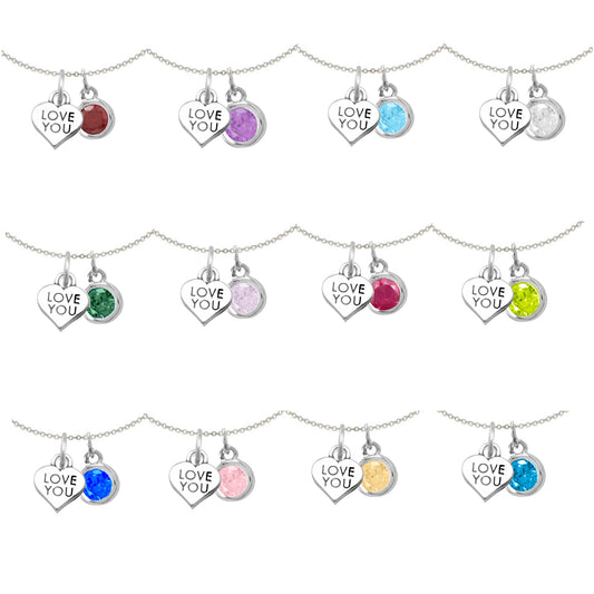 Sterling Silver 'Love You' and Birthstone Charm Necklace