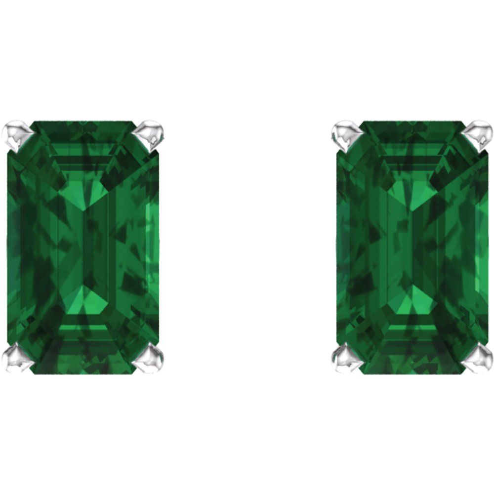 14k White Gold Lab-Grown Emerald Emerald-cut Stud Earrings