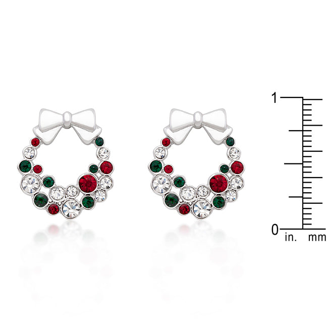 Silvertone Multicolor Crystal Wreath With Bow Holiday Earrings