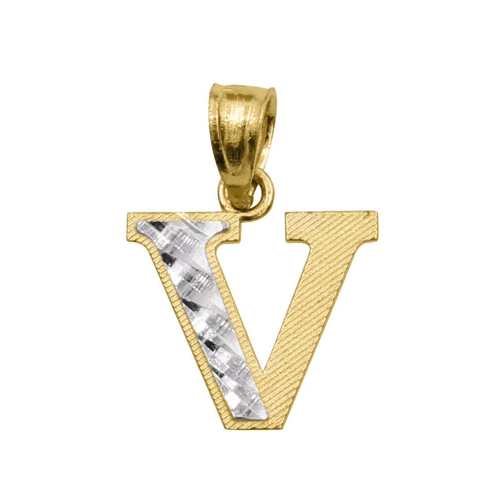 Genuine 14k Two-tone Gold 0.59" Diamond-cut Initial Block Letter 'V' Pendant For Men or Women - Gold Block Letter Charm