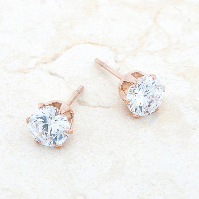 Rose Goldtone Stainless Steel 6mm Round Cubic Zirconia Earrings