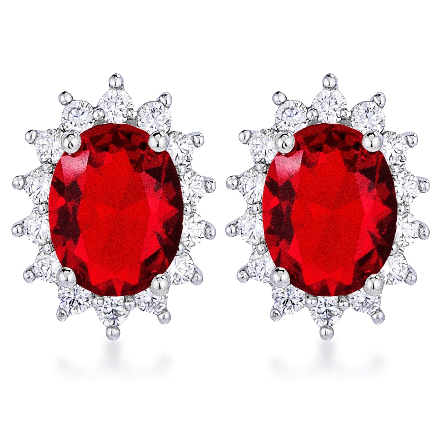 Silvertone Red Cubic Zirconia Oval Royal Earrings Studs