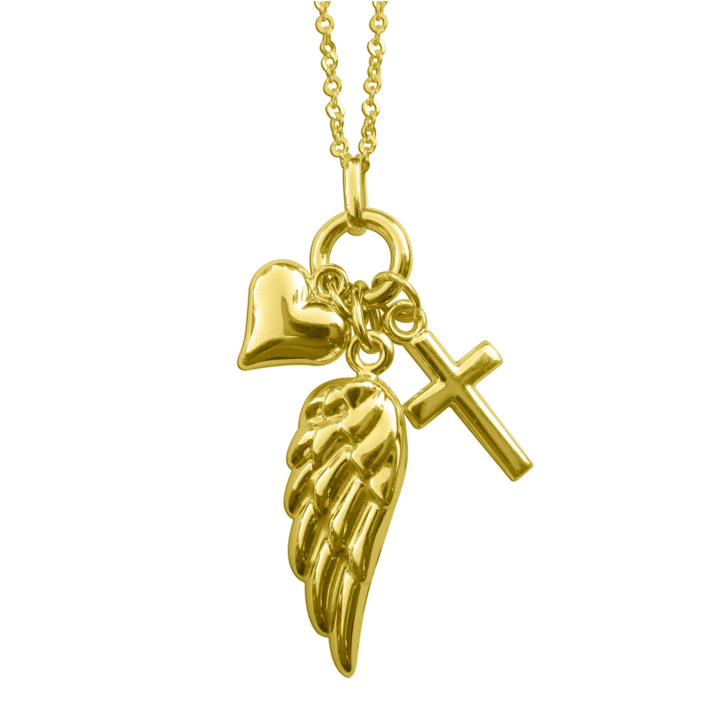 Genuine 14k Yellow Gold Ladies Cross, Angel Wing and Heart Charm 17+1" Necklace For Women - Fashion Jewelry, Gold Jewelry, Gold Gifts for Valentine's Day, Mother's Day, Anniversary, Wedding, Birthday, Birthday