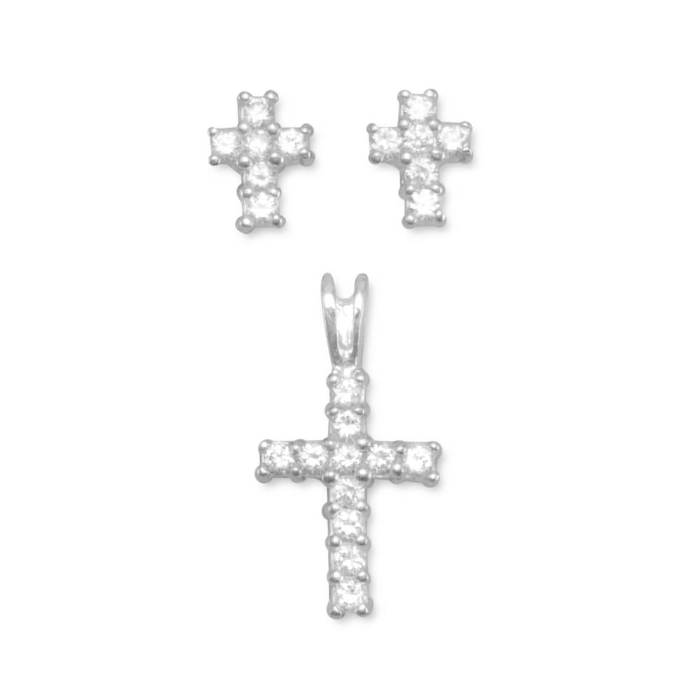 Sterling Silver Cubic Zirconia Cross Earring and Pendant Set