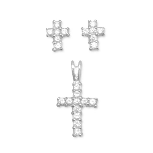 Sterling Silver Cubic Zirconia Cross Earring and Pendant Set