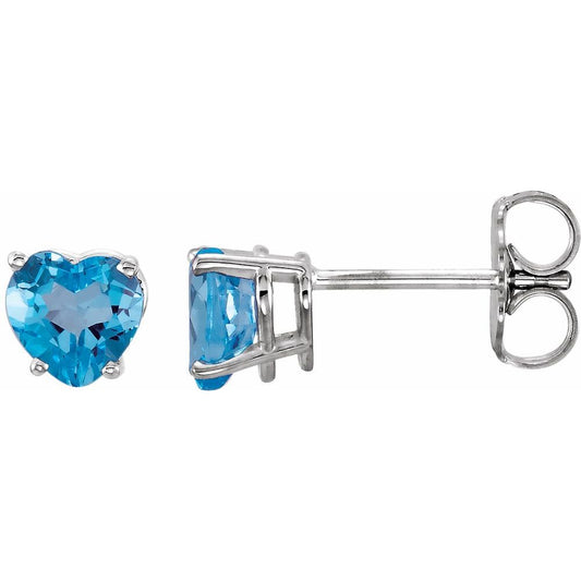 14k White Gold Heart Natural Swiss Blue Topaz Stud Earrings