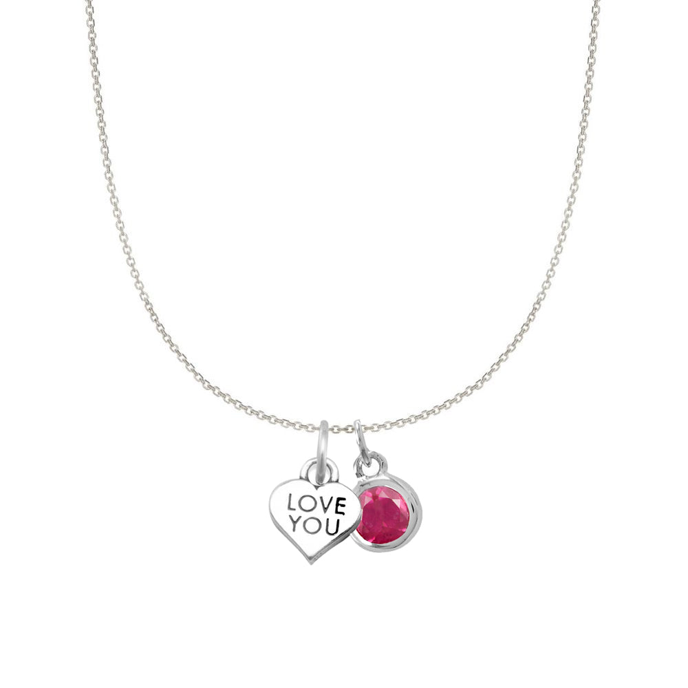 Sterling Silver 'Love You' and Birthstone Charm Necklace