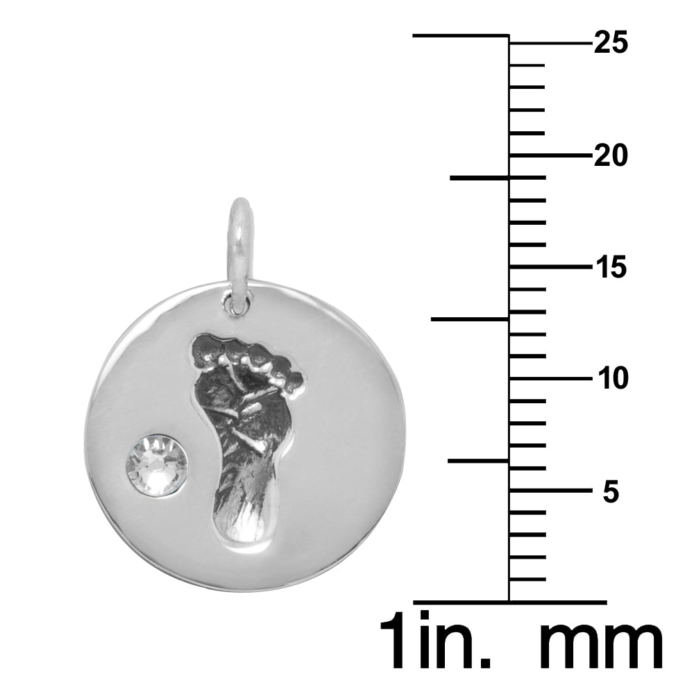 Sterling Silver Clear Crystal Baby Footprint and Heart Charm Necklace